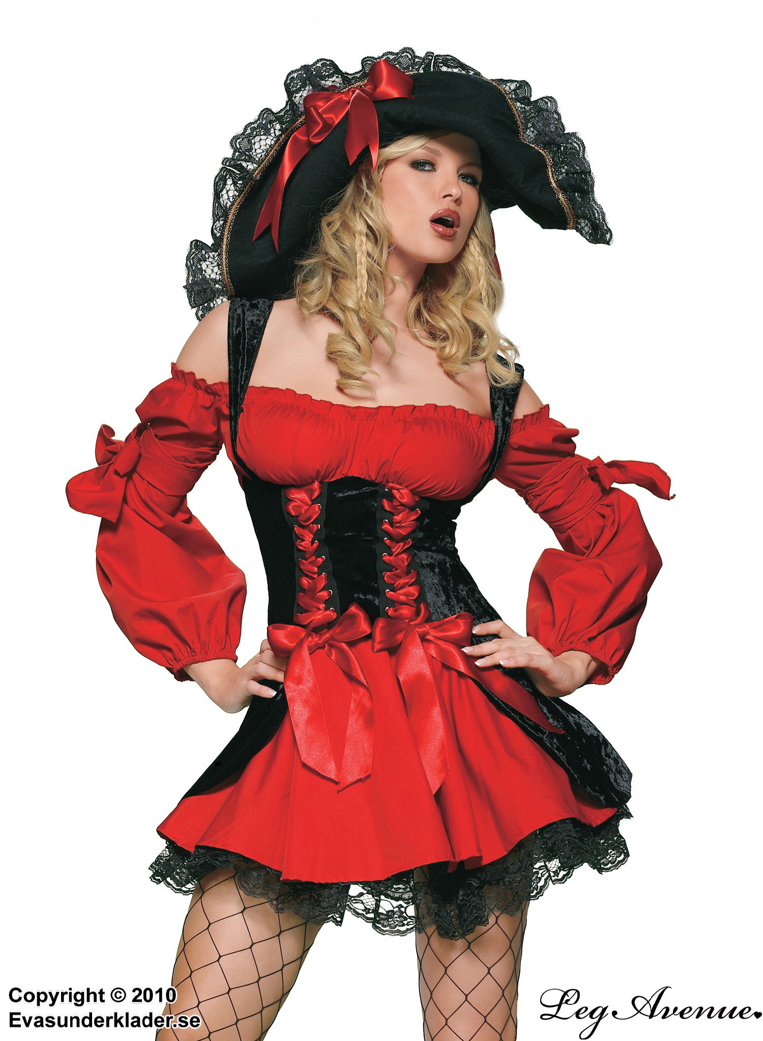Kvinnelig piratkaptein, kostyme-kjole, snøring, stort bånd, off-shoulder
